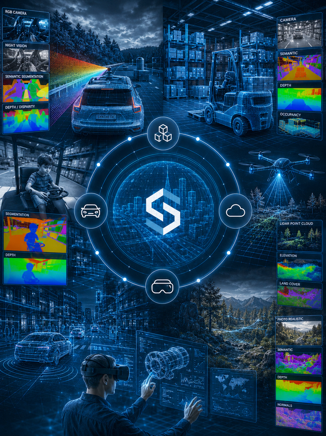 Digital illustration showing interconnected AI systems, digital twins, and synthetic data processing for enterprise solutions